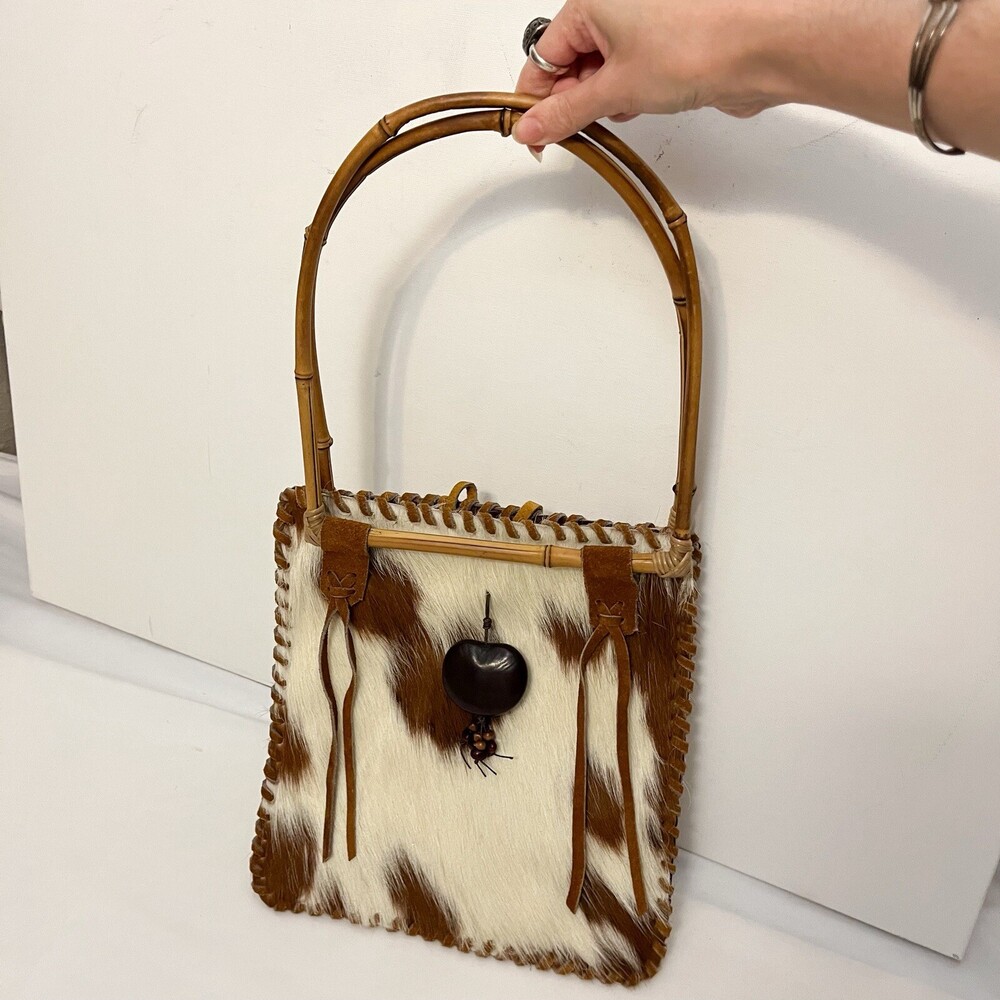 Cow Hair Cowhair Handbag Purse Western Wooden Handles Cane Charm Carry Bag